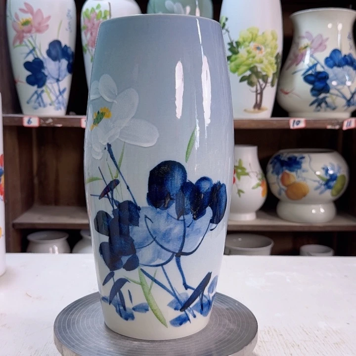 瓶高腰鼓33油画白荷花蓝新款陶瓷新款新款陶瓷