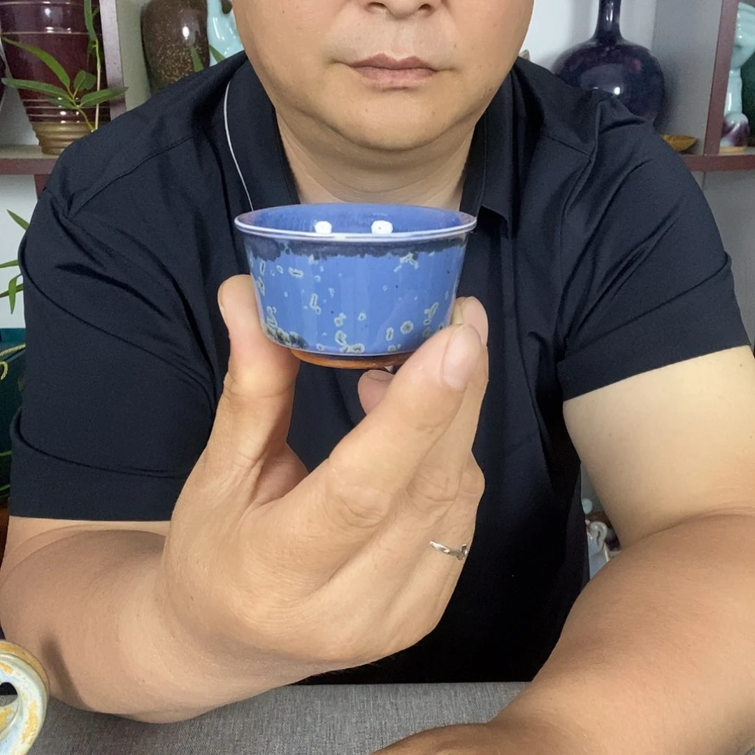 杯钧瓷茶杯高温窑变原矿蓝釉金癍