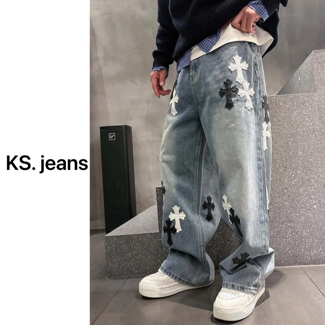 美式高街牛仔裤男士十字架宽松直筒皮牌高端水洗潮牌2025春秋裤子