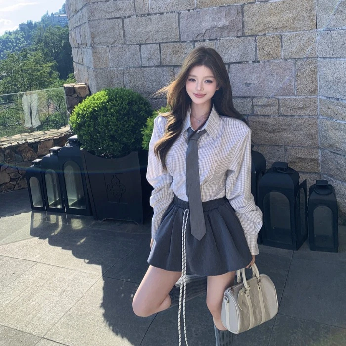 韩系学院风套装格子polo领长袖衬衫女秋季抽绳灰色半身裙子两件套