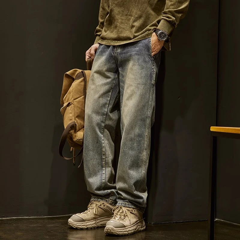 重磅复古水洗做旧牛仔裤男士春秋潮牌宽松直筒裤美式高街痞帅男裤