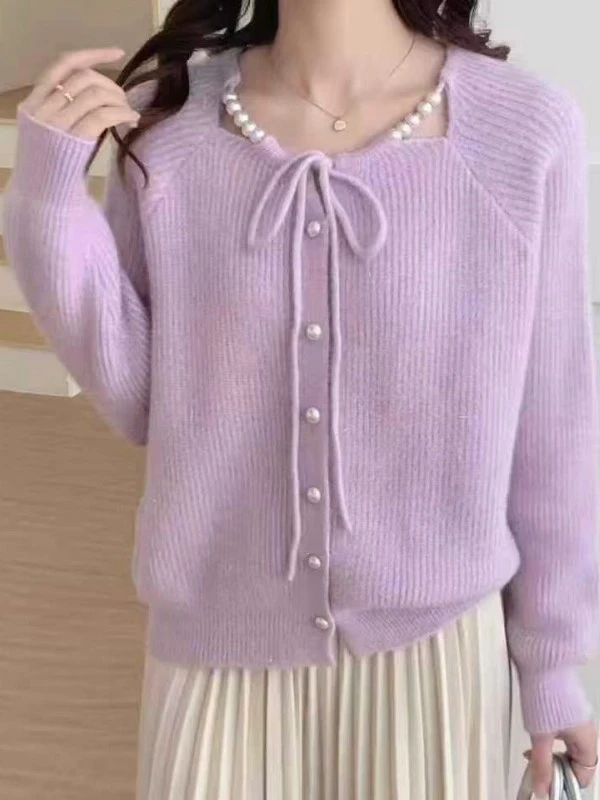 亮晶晶气质珍珠挂脖针织毛衣新款休闲风长袖套头纯色针织百搭开衫