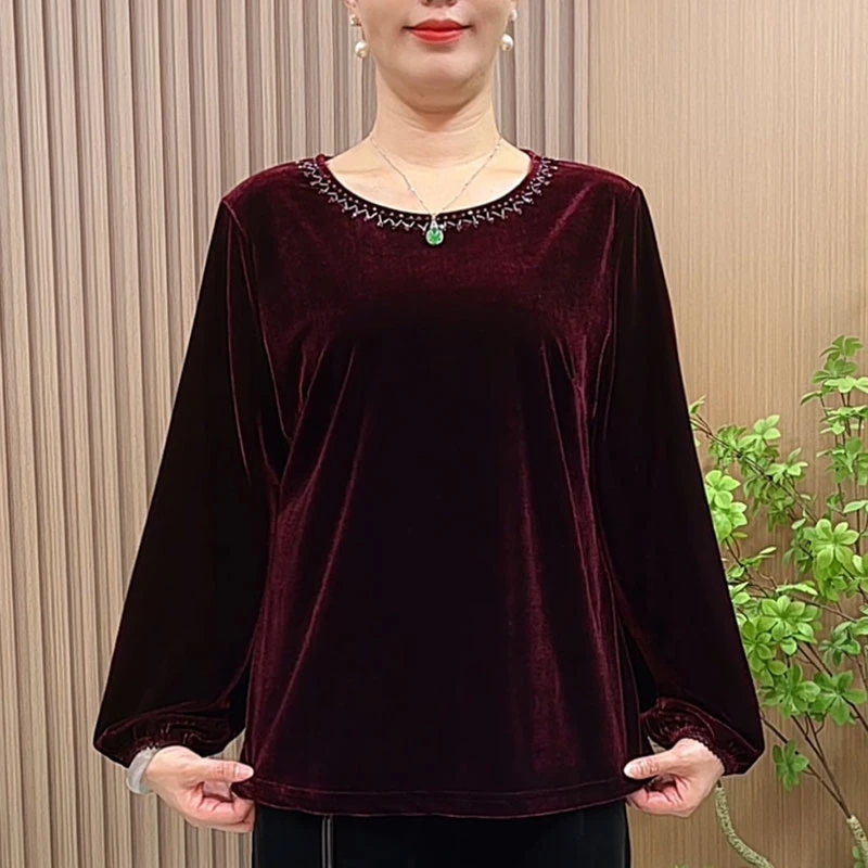 妈妈装秋装洋气丝绒小衫中老年女装秋季大码圆领串珠纯色打底衫