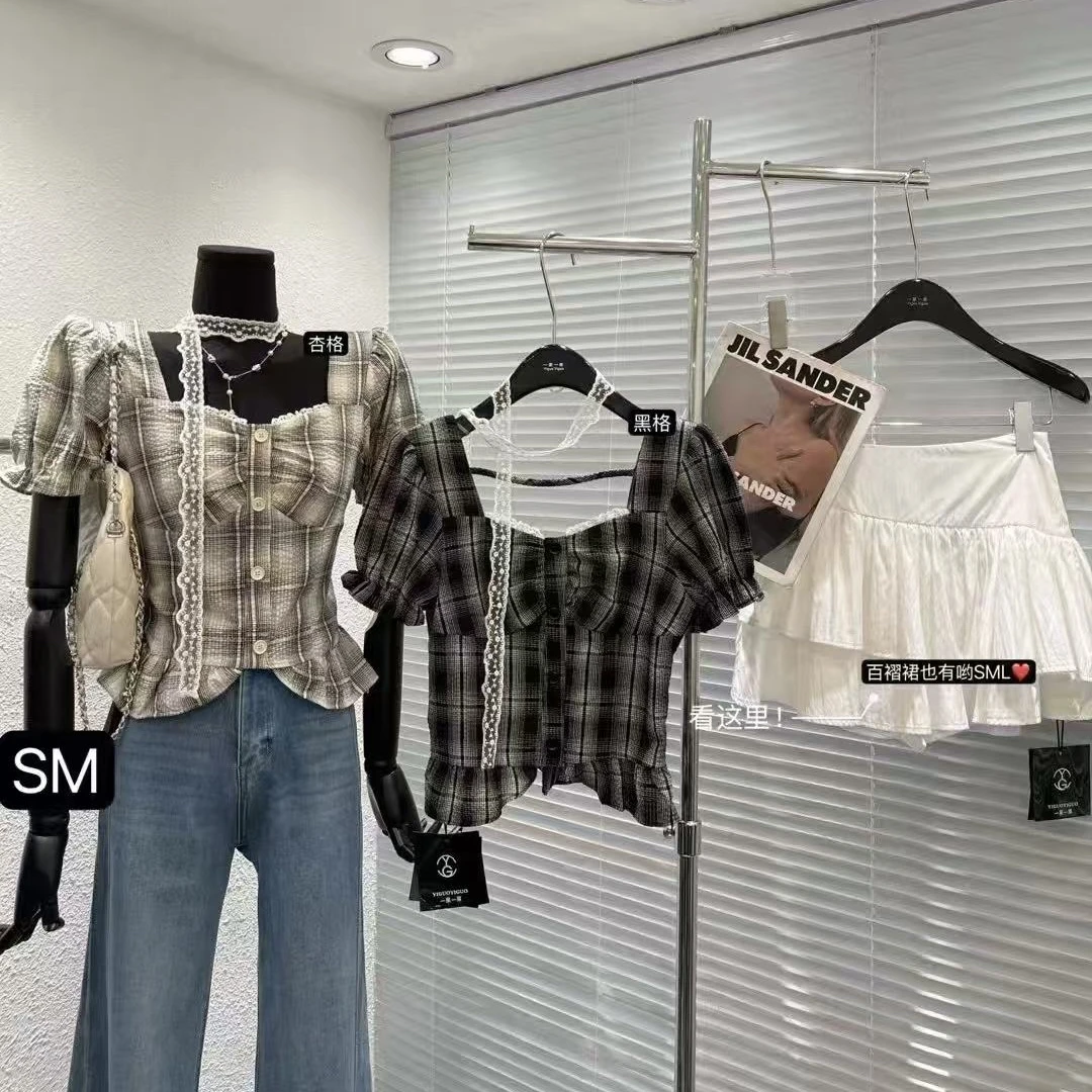 雯雯家 2025夏季新款方领拼接蕾丝褶皱带飘带显瘦雪纺上衣