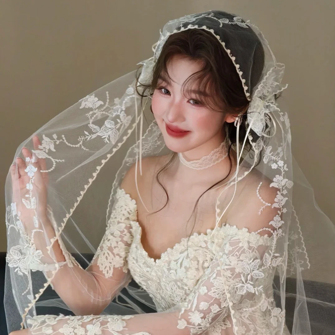 水舞R0472白色蕾丝花边订婚头纱超仙法式复古新娘高级感婚纱配饰
