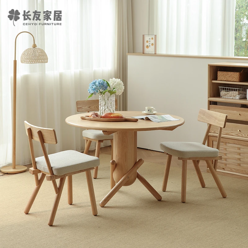芭蕾圆桌北欧餐桌原木风白蜡木餐桌家用简约客厅小户型圆形饭桌