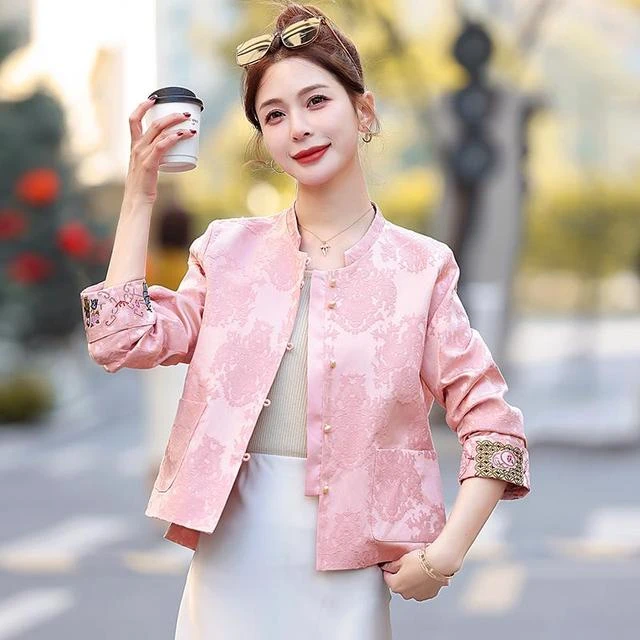 粉色新中式国风女装外套女款春秋2025新款开春穿搭短款宋锦上衣女