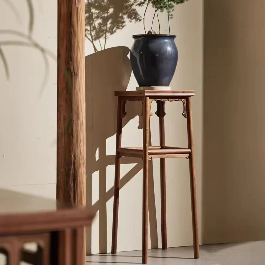 新中式北美黑胡桃木宋式禅意花架客厅简约花几边几仿古设计落地款