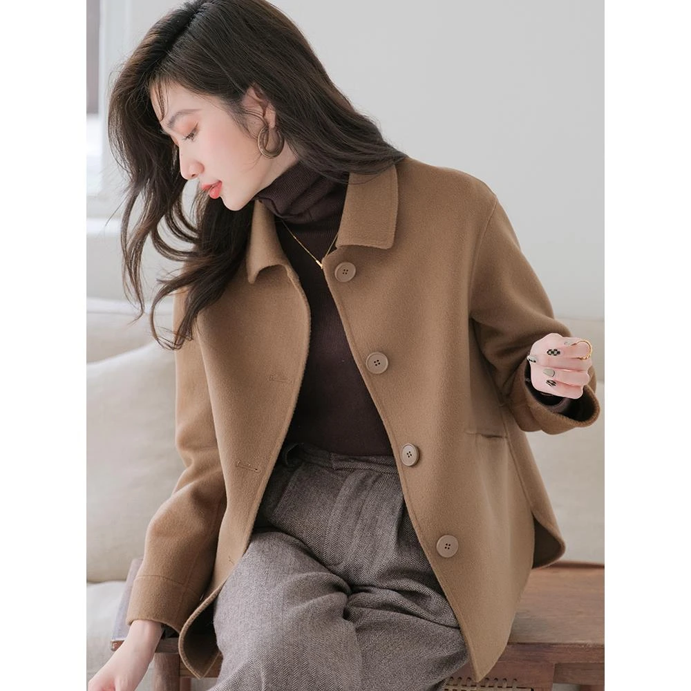 高端双面羊绒大衣女士短款小个子秋冬新款宽松百搭毛呢外套保暖
