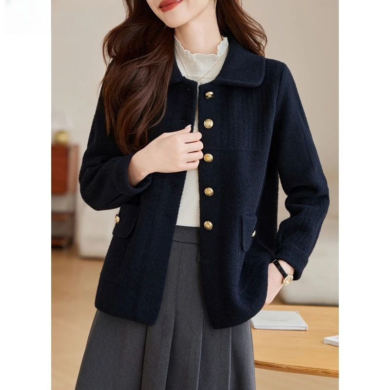 NAHOPULER/纳霍浦勒黑色毛呢短外套小众通勤减龄显瘦宽松上衣女厚