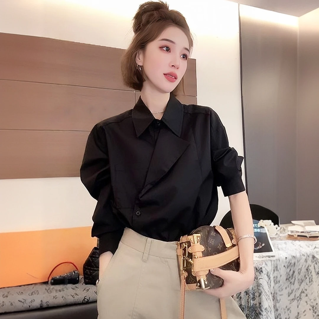 1348黑色POLO领衬衫女轻奢高级感秋装新款爆款巨好看衬衣法式上衣