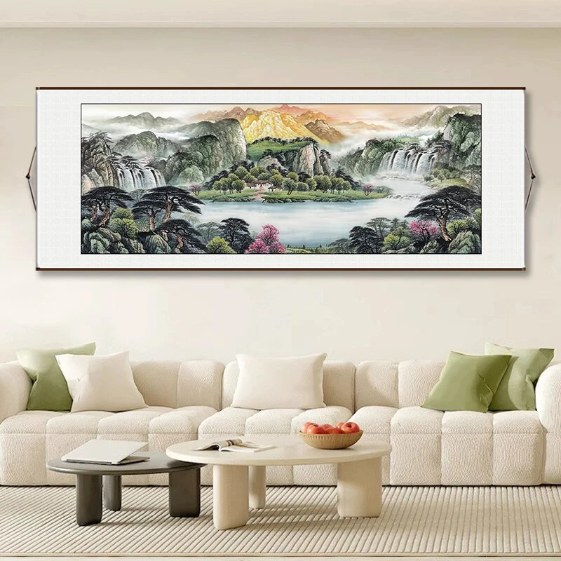 聚宝盆山水画挂画出租房客厅卧室挂画墙贴画茶室紫气东来风水挂画