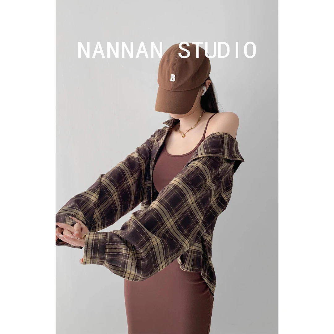 秋季穿搭覆古格子男友衬衫女春秋街头感宽松中长版长袖衬衫ins潮