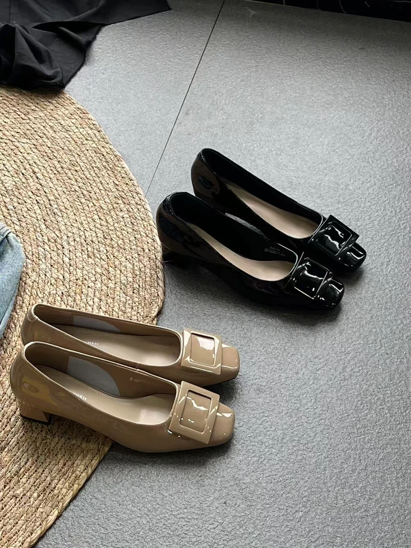 法式方头方扣小跟单鞋女通勤鞋2414