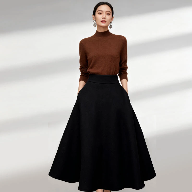 罗织伊坊法式羊毛呢伞裙高腰半身裙赫本风小黑裙女A字裙秋冬保暖