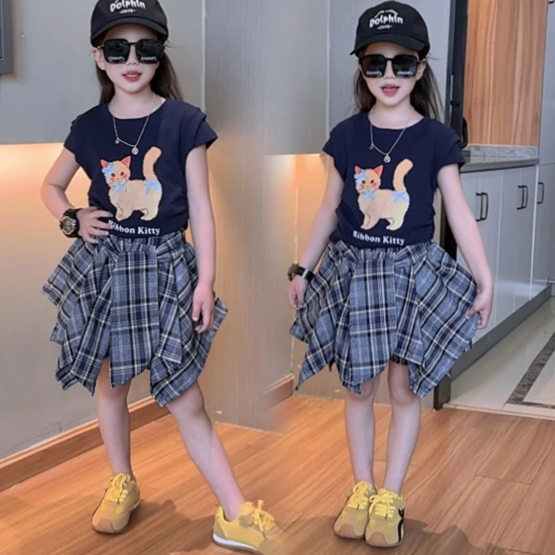 女童夏款猫咪套装中大童洋气飞袖不规则T恤格子半身裙裤两件套