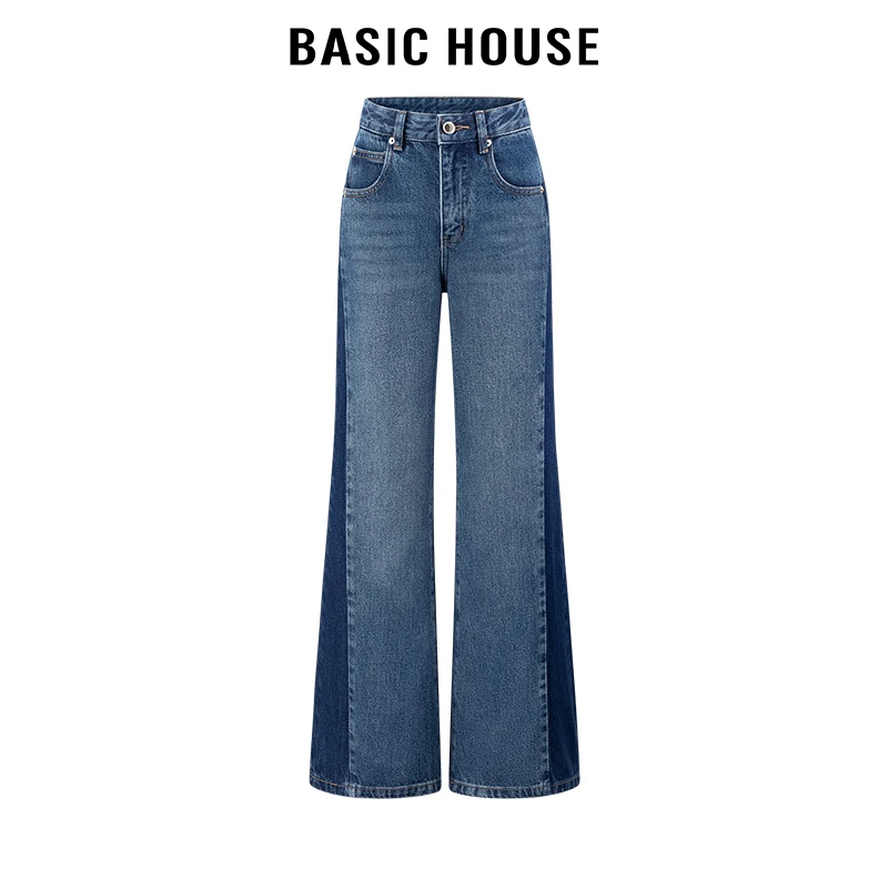 百家好/Basic House撞色拼接微喇牛仔裤女高腰显瘦显高百搭喇叭裤