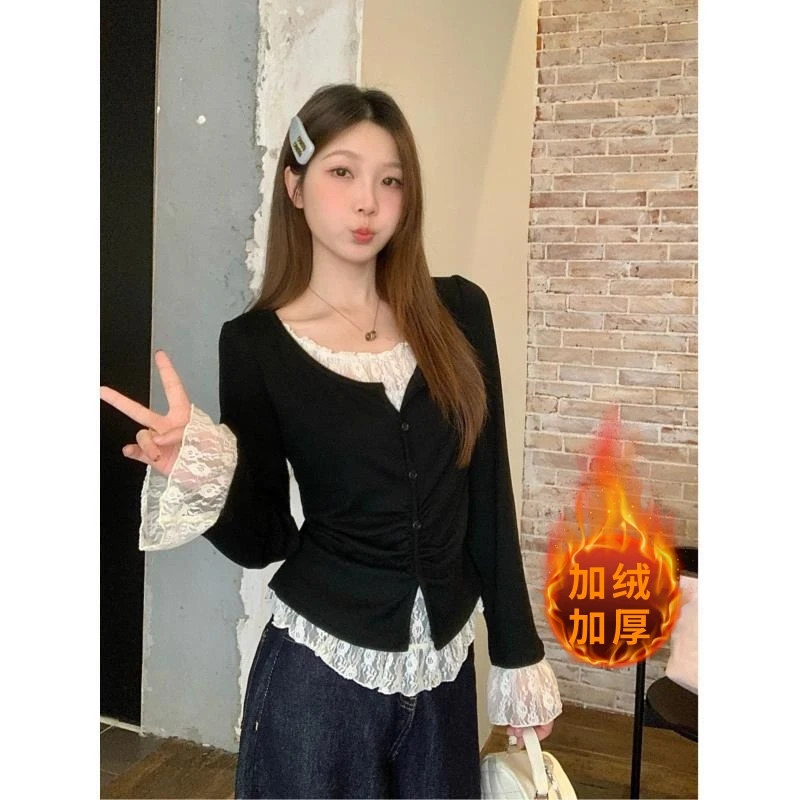 【现货】胖mm秋冬加厚加绒显瘦遮肉拼接上衣假两件正肩长袖08001