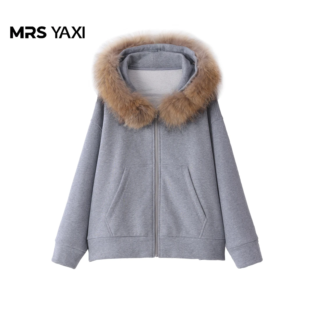 Mrsyaxi可拆卸貉子毛领连帽宽松休闲加绒卫衣外套YX5093115