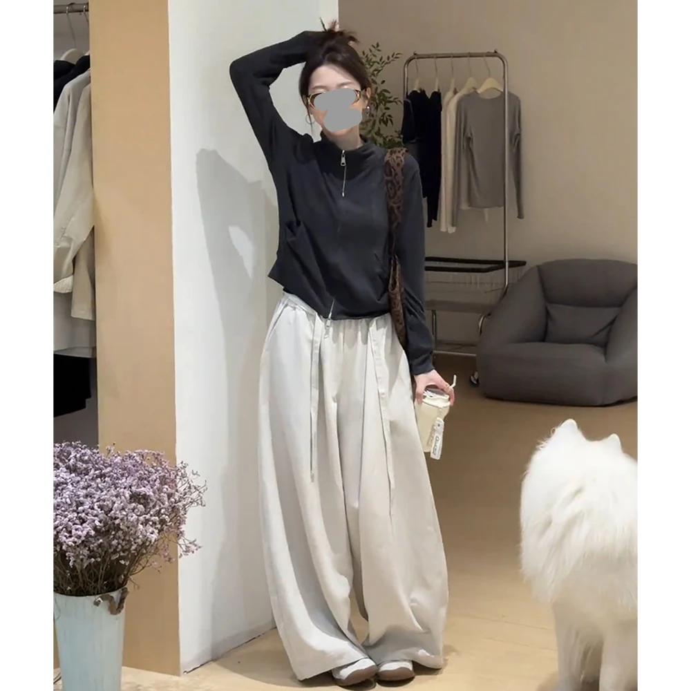 美式复古运动服套装女2025春秋新款立领卫衣外套休闲阔腿裤两件套