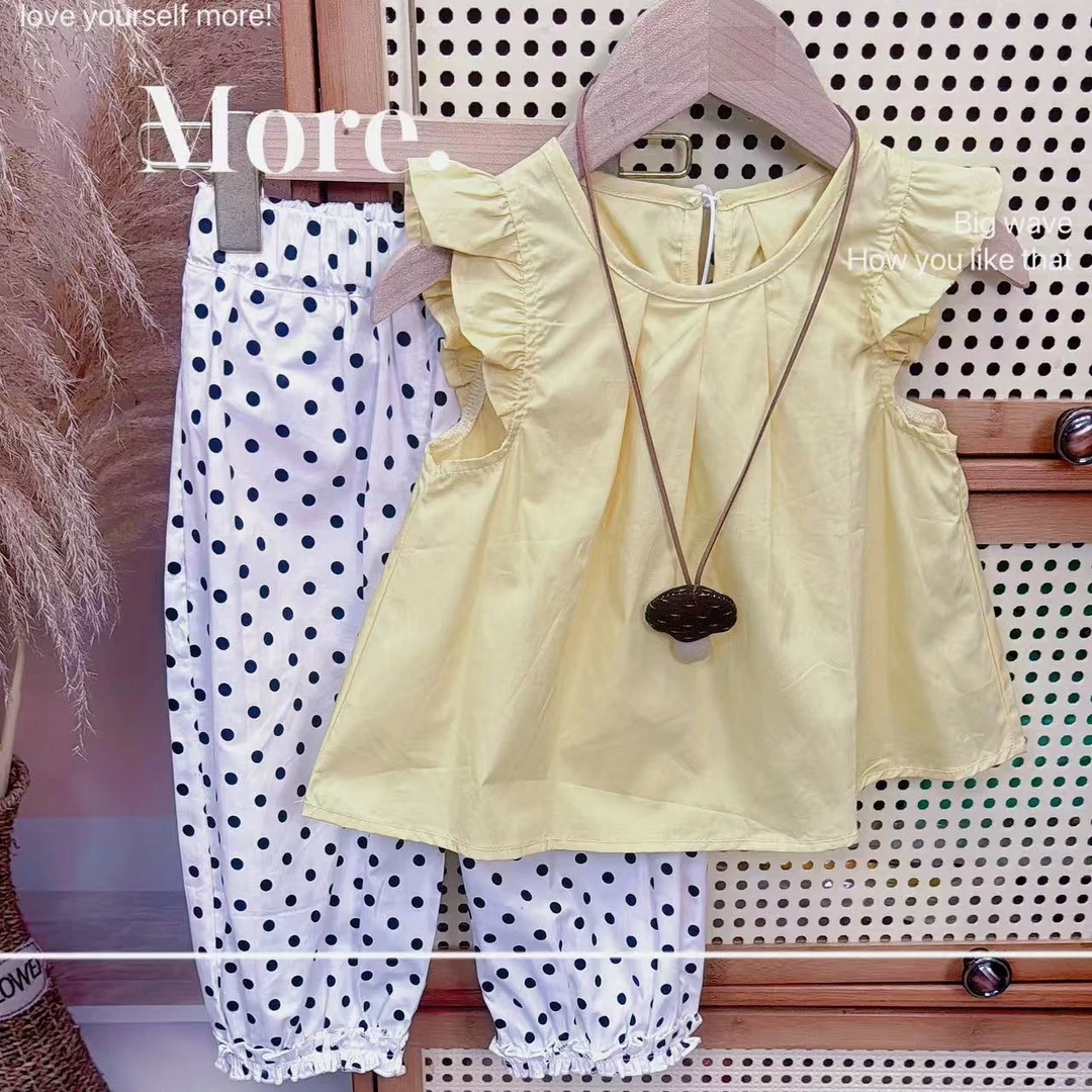 女童夏季波点套装套头薄款套装奶黄色纯色飞袖裙裤两件套韩版潮