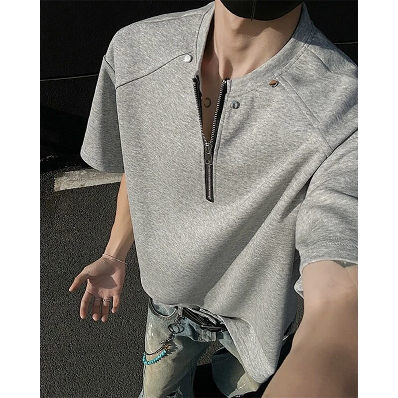 半拉链垫肩T恤男短袖夏季穿搭cleanfit半袖美式高街重磅五分袖