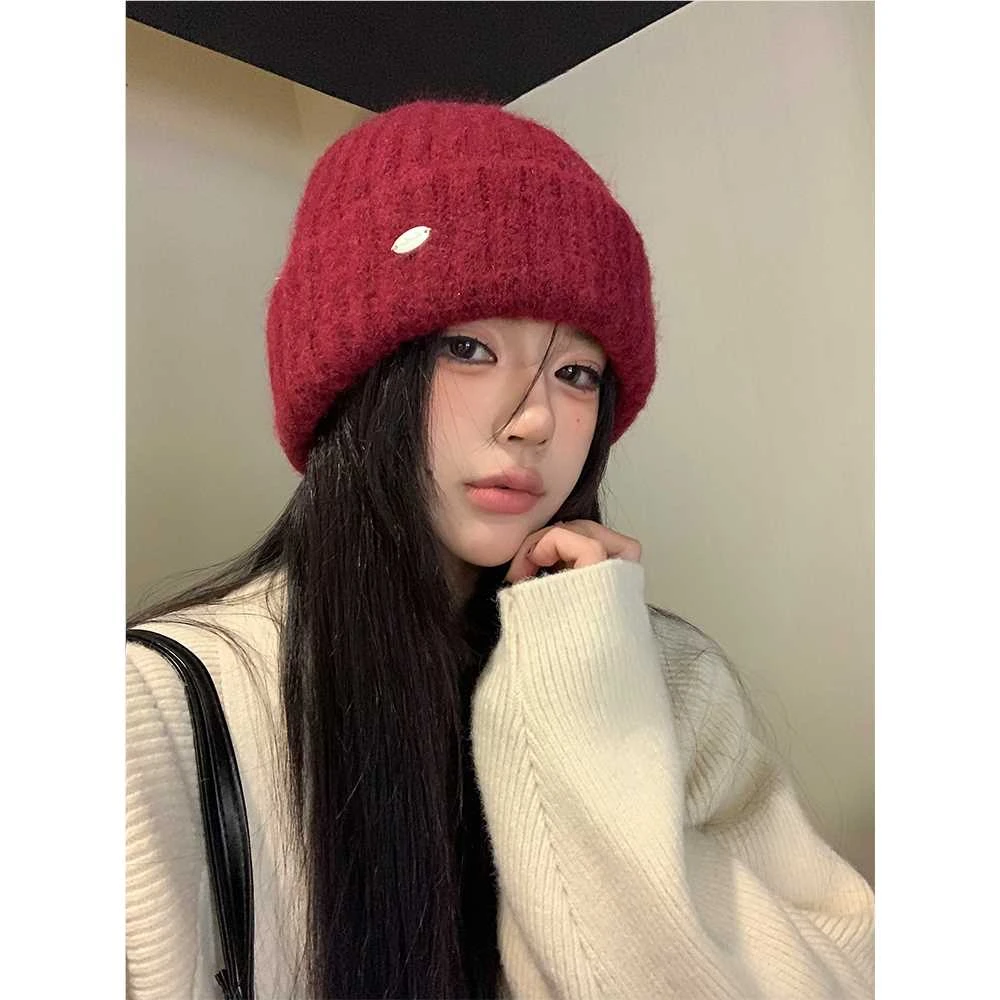 安可拉红针织帽女秋冬季韩版百搭大头围显脸小毛线帽防寒保暖帽子