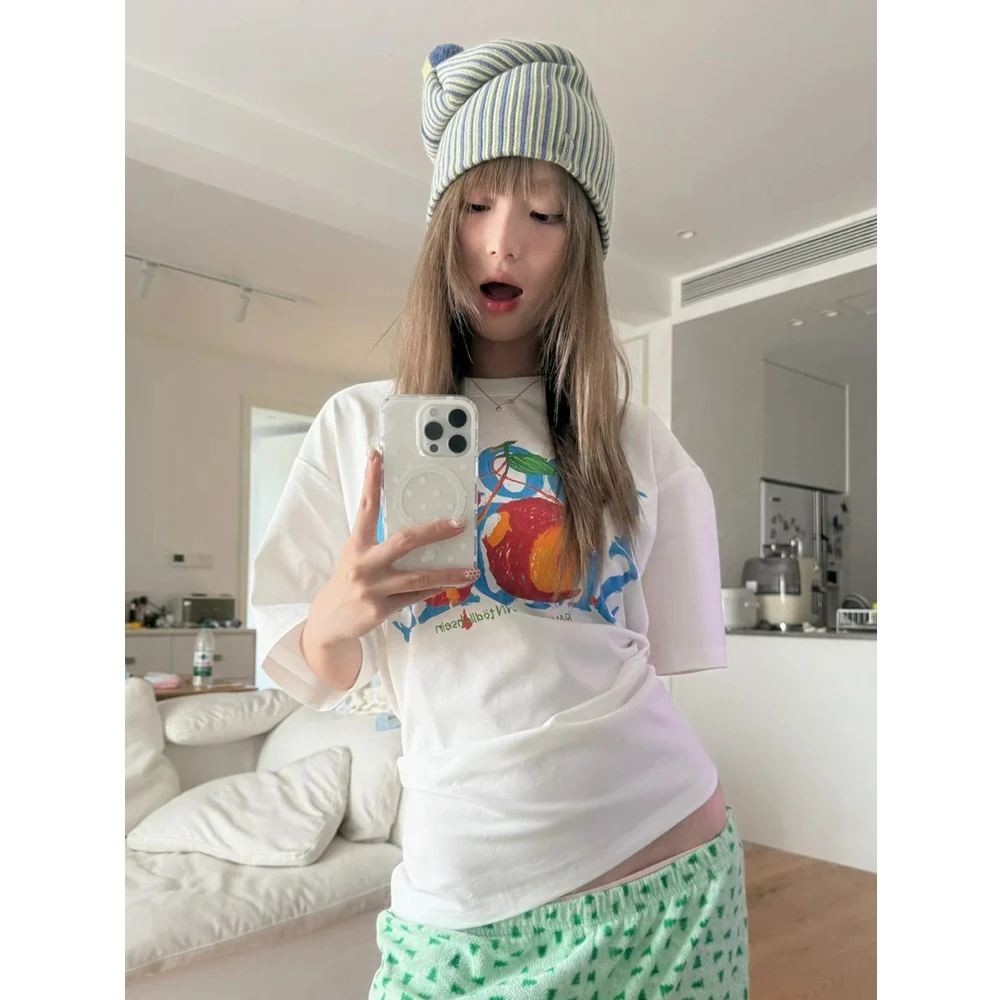 美式童趣苹果字母印花短袖T恤女夏季圆领宽松百搭休闲简约上衣潮
