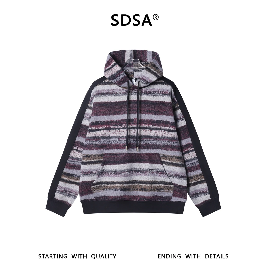 SDSA男士秋冬新款痞帅男装休闲百搭撞色条纹拼接连帽卫衣时尚上衣