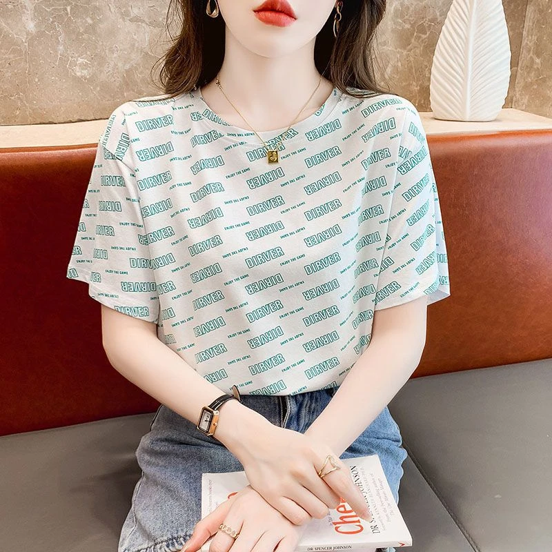 潮流百搭正肩女t恤2025夏季新款宽松洋气遮肚上衣美式字母短袖ins