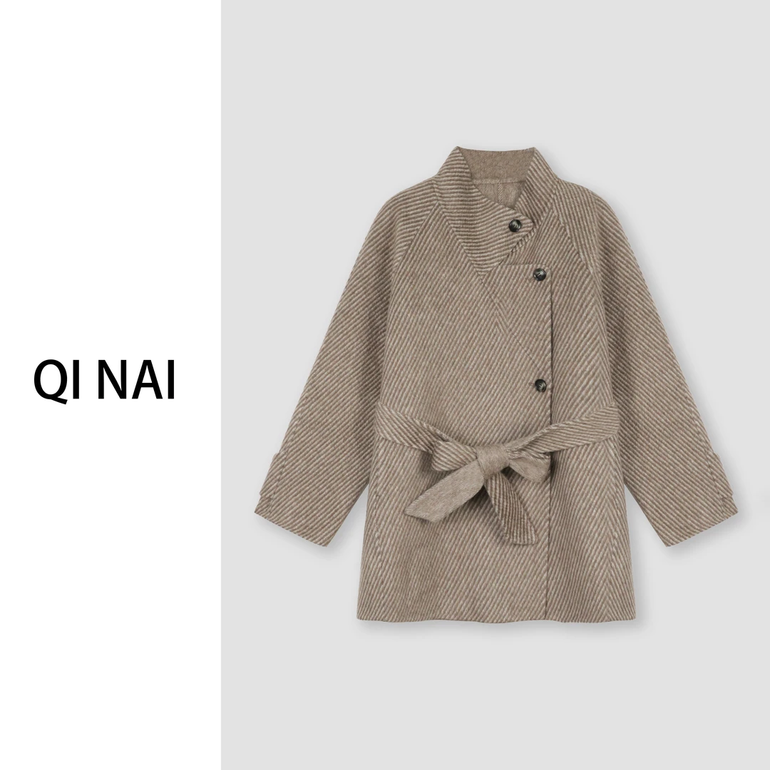 七奈推荐 【雅诗】气质宽松收腰立领双面毛呢外套QN11860