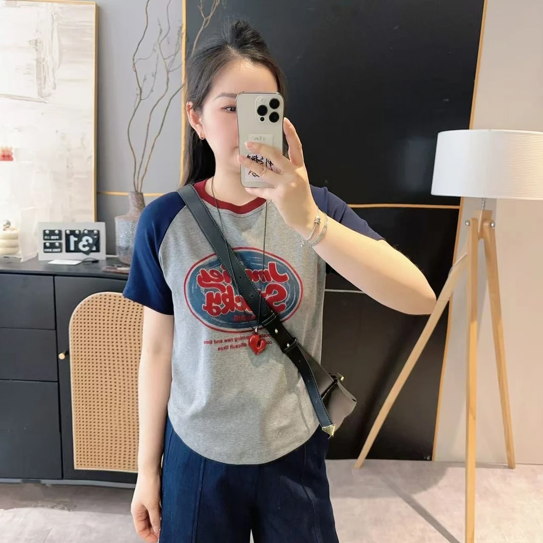 【拼色字母T】2025夏季复古插肩袖拼色圆领字母宽松显瘦T D25041903