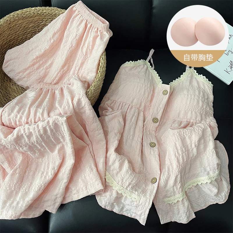 夏季吊带睡衣女款云朵棉自带胸垫三件套女士甜美花朵家居服可外穿