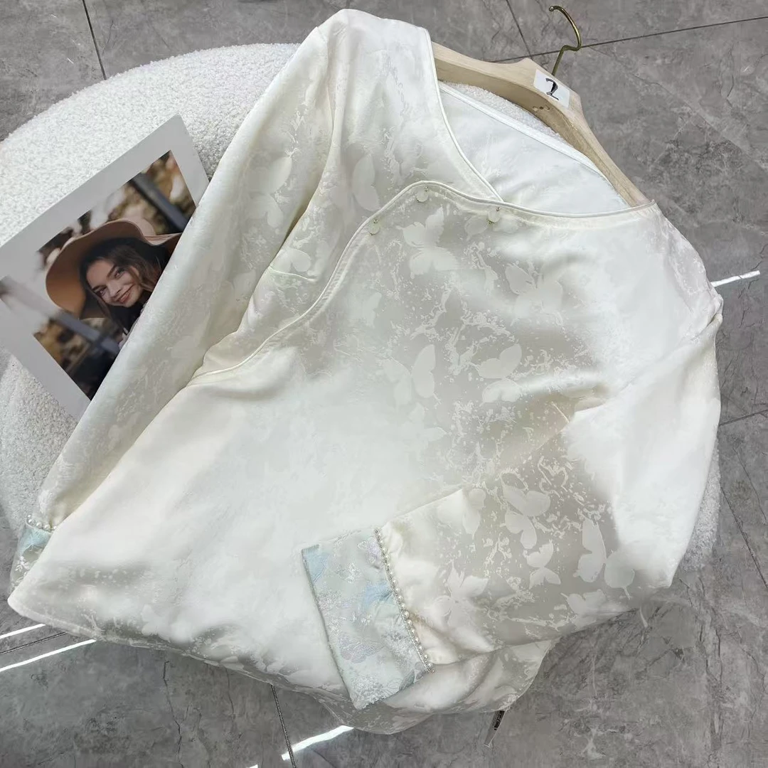 ZZ77298新中式盘扣洋气小衫新款重工钉珠缎面提花斜襟国风