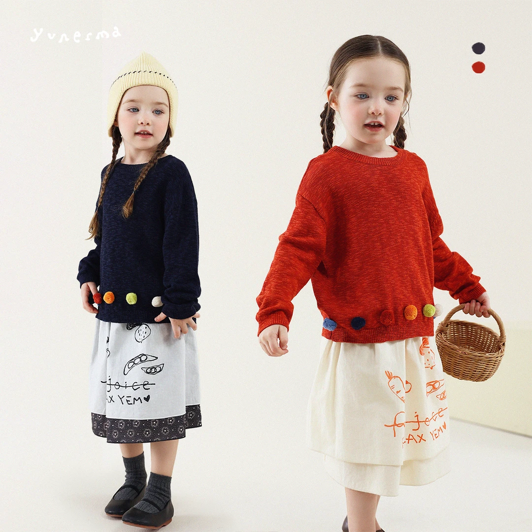 允儿妈女童秋季韩系小众球球圆领套头毛衣宝宝洋气针织衫儿童上衣