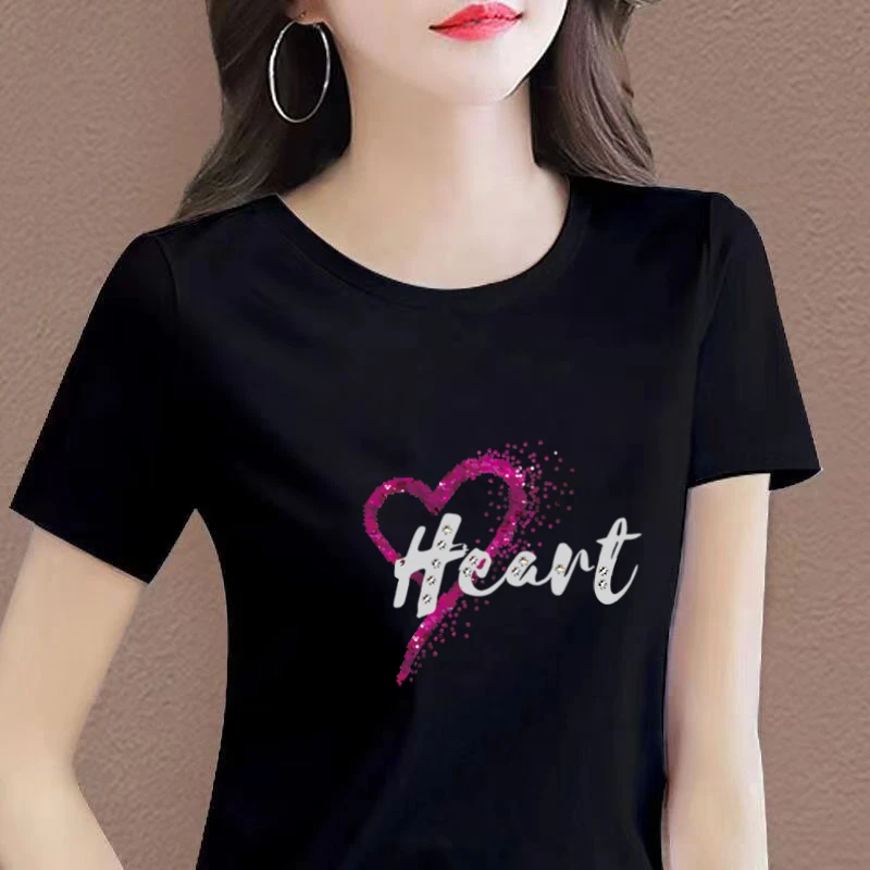 女士短袖t恤纯棉夏季新款圆领印花白色半袖时尚百搭韩版宽松体恤