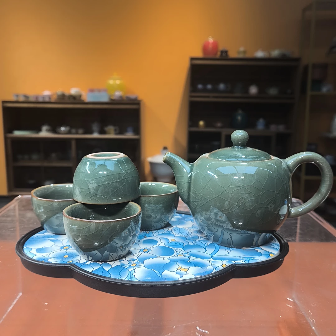 当代 德化云仓 蜜色哥窑墨绿胖壶一壶四杯带茶盘-2590