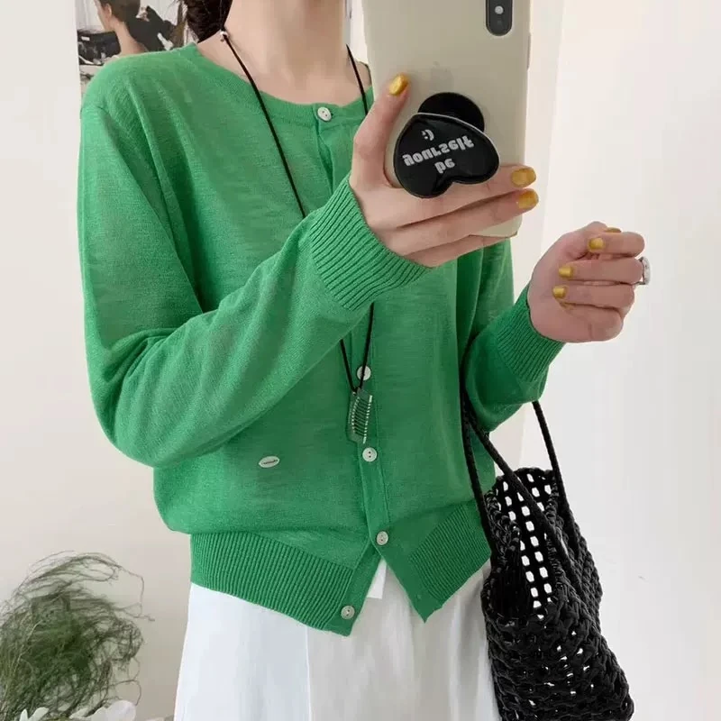 【贝母青草绿】竹节圆领宽松长袖防晒针织开衫女夏新款