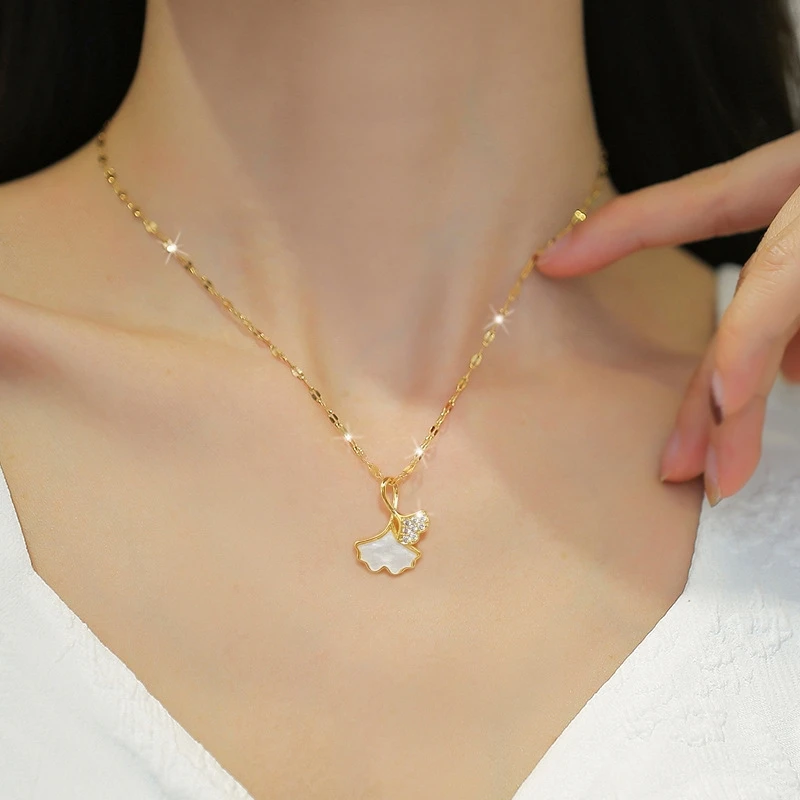 钛钢项链 【HZM饰品】A026钛钢(杏之秋)镀k金银杏叶项链