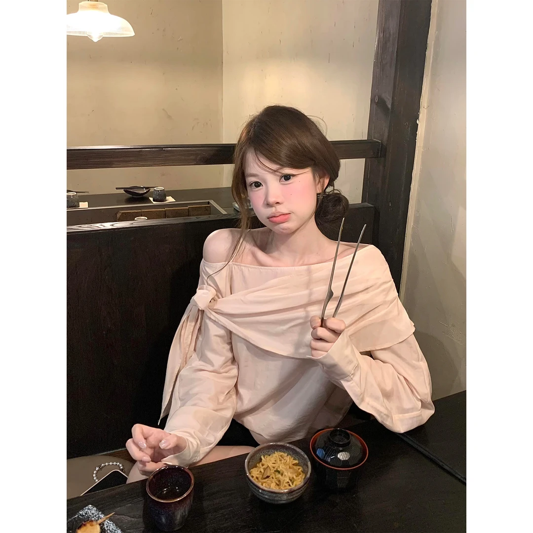 一字肩甜美飘带长袖衬衫女秋露肩宽松显瘦上衣网纱短裤热裤靴裤子