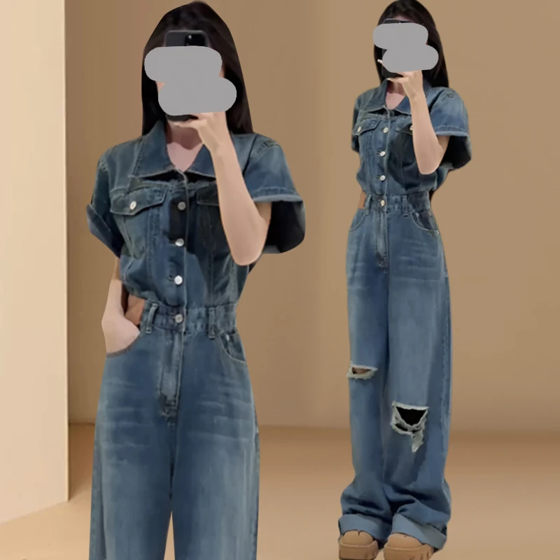 复古收腰短袖工装牛仔连体裤女夏季POLO领破洞连衣裤高腰阔腿裤潮