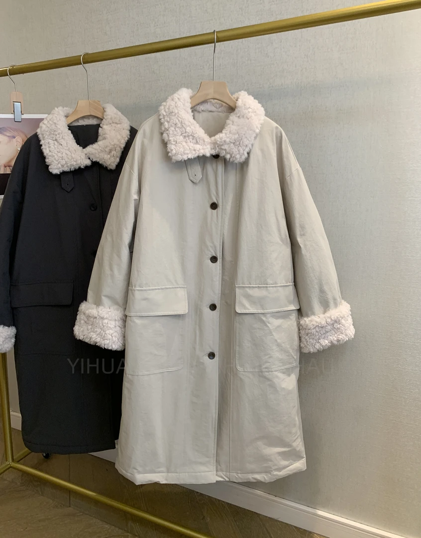 加绒加厚款拼接长袖中长款女士立领保暖冬季羊羔毛羽绒服2025新品