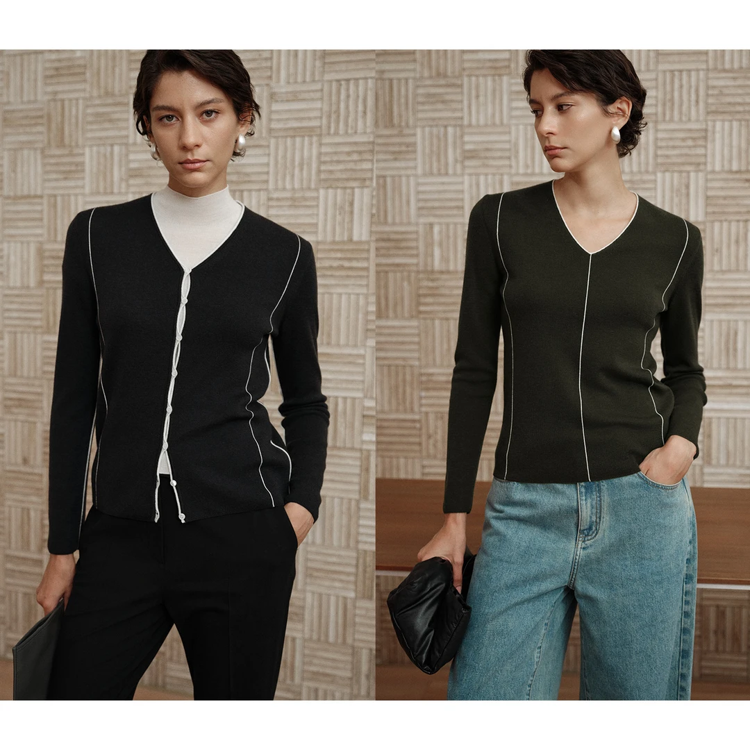 MARIUS“描边衫”精纺v领撞色针织套衫/开衫