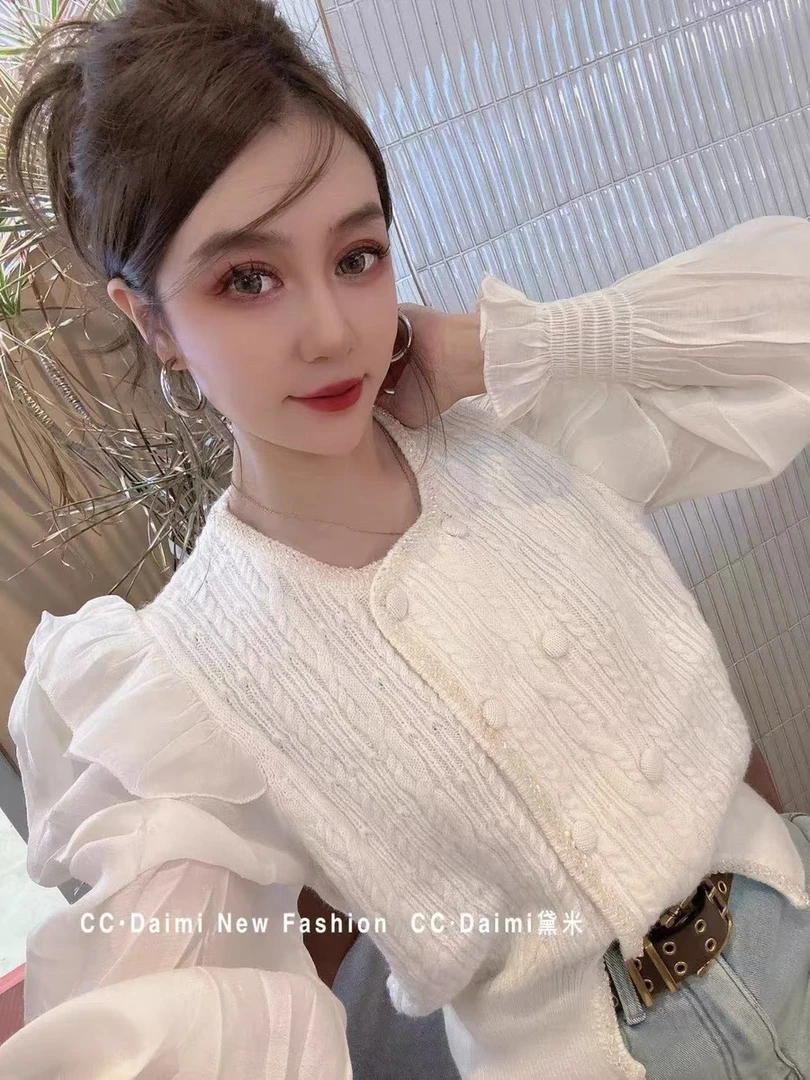 y034 纱袖针织衫女镂空拼接长袖上衣小众设计感毛衣薄t恤