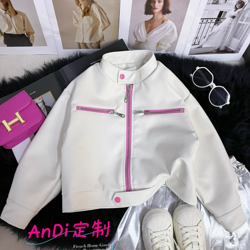 〖ANDI〗订制春季新款女童韩系简约拉链皮衣外套3503