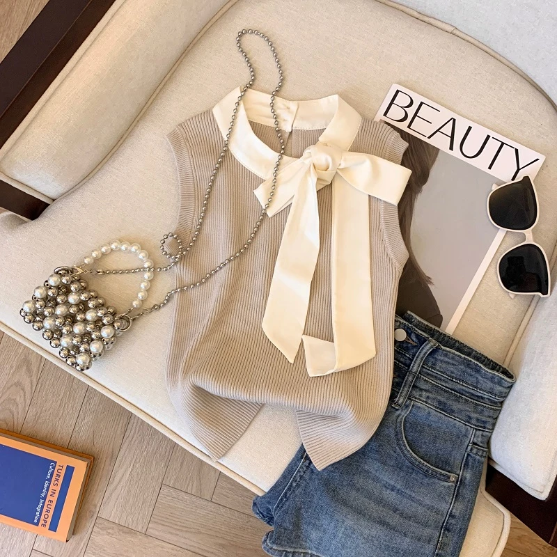 夏季2025新款高级感时尚仙气飘飘蝴蝶结绑带镂空无袖针织短背心女