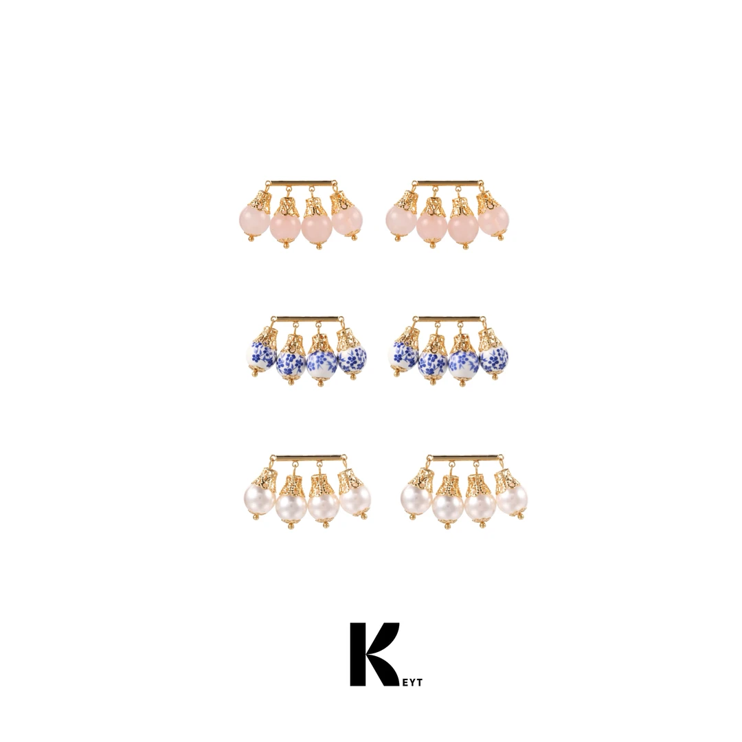 KEYT 铜合金仿珍珠耳饰 三色单排珠珠吊坠耳饰A08