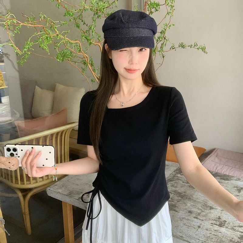 短袖T恤夏季宽松方领短袖上衣设计感夏季宽松甜辣风1633952