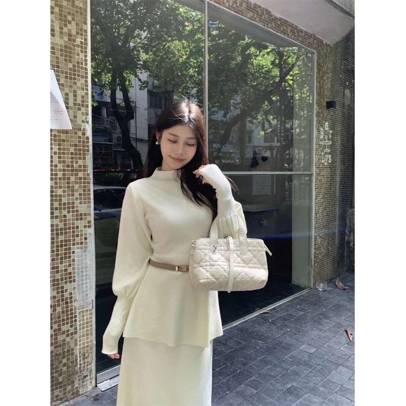 2025年时尚冬收腰毛衣新款半高领灯笼袖显瘦气质针织衫上衣配腰带