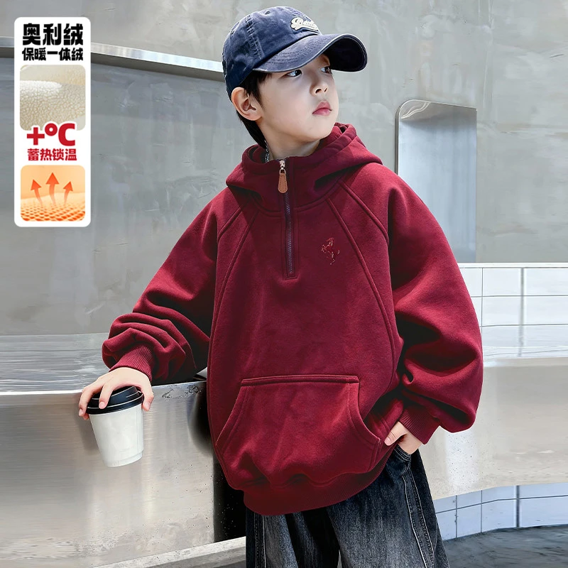 儿童装男童冬季加绒红色卫衣2026新款马年秋冬款大童本命年新年服